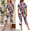 image:imageBestbee Womens Pajama Sets 2 Piece Lounge Outfits Summer Sleepwear V Neck Short Sleeve Capri Pant With Pockets Ladies PjsBig Leaf Pink
