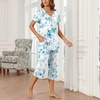 image:imageBestbee Womens Pajama Sets 2 Piece Lounge Outfits Summer Sleepwear V Neck Short Sleeve Capri Pant With Pockets Ladies PjsFloral Aqua Bluebeige