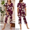 image:imageBestbee Womens Pajama Sets 2 Piece Lounge Outfits Summer Sleepwear V Neck Short Sleeve Capri Pant With Pockets Ladies PjsFloral Wine