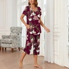 image:imageBestbee Womens Pajama Sets 2 Piece Lounge Outfits Summer Sleepwear V Neck Short Sleeve Capri Pant With Pockets Ladies PjsFloral Wine