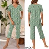 image:imageBestbee Womens Pajama Sets 2 Piece Lounge Outfits Summer Sleepwear V Neck Short Sleeve Capri Pant With Pockets Ladies PjsGreen Flowers