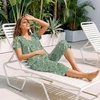 image:imageBestbee Womens Pajama Sets 2 Piece Lounge Outfits Summer Sleepwear V Neck Short Sleeve Capri Pant With Pockets Ladies PjsGreen Flowers