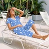 image:imageBestbee Womens Pajama Sets 2 Piece Lounge Outfits Summer Sleepwear V Neck Short Sleeve Capri Pant With Pockets Ladies PjsOcean Patternblue