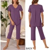 image:imageBestbee Womens Pajama Sets 2 Piece Lounge Outfits Summer Sleepwear V Neck Short Sleeve Capri Pant With Pockets Ladies PjsPurple Red