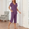 image:imageBestbee Womens Pajama Sets 2 Piece Lounge Outfits Summer Sleepwear V Neck Short Sleeve Capri Pant With Pockets Ladies PjsPurple Red