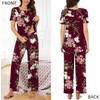 image:imageBestbee Womens Pajama Sets 2 Piece Summer Sleepwear Lounge Outfits Short Sleeve Long Pants With Pockets Ladies PjsShort Floral Wine