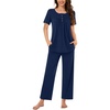 image:imageBestbee Womens Pajama Sets 2 Piece Summer Sleepwear Lounge Outfits Short Sleeve Long Pants With Pockets Ladies PjsShort Navy Blue