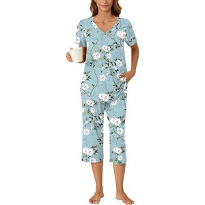image:imageBestbee Womens Pajama Sets 2 Piece Lounge Outfits Summer Sleepwear V Neck Short Sleeve Capri Pant With Pockets Ladies PjsBegonia Grayish Blue