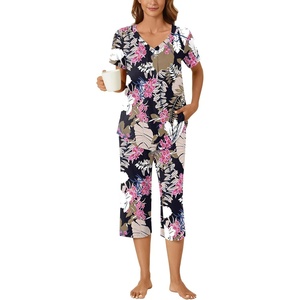 image:imageBestbee Womens Pajama Sets 2 Piece Lounge Outfits Summer Sleepwear V Neck Short Sleeve Capri Pant With Pockets Ladies PjsBig Leaf Pink