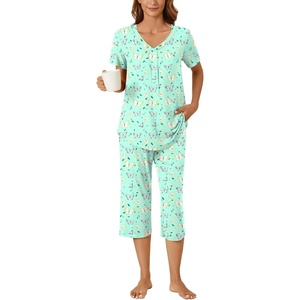 image:imageBestbee Womens Pajama Sets 2 Piece Lounge Outfits Summer Sleepwear V Neck Short Sleeve Capri Pant With Pockets Ladies PjsColorful Butterflygreen