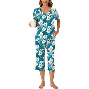 image:imageBestbee Womens Pajama Sets 2 Piece Lounge Outfits Summer Sleepwear V Neck Short Sleeve Capri Pant With Pockets Ladies PjsFreesia Blue