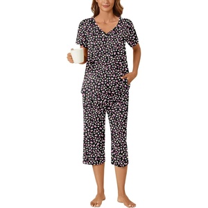 image:imageBestbee Womens Pajama Sets 2 Piece Lounge Outfits Summer Sleepwear V Neck Short Sleeve Capri Pant With Pockets Ladies PjsLittle Fl Black