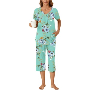 image:imageBestbee Womens Pajama Sets 2 Piece Lounge Outfits Summer Sleepwear V Neck Short Sleeve Capri Pant With Pockets Ladies PjsMint Green