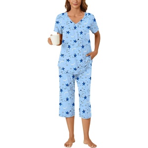 image:imageBestbee Womens Pajama Sets 2 Piece Lounge Outfits Summer Sleepwear V Neck Short Sleeve Capri Pant With Pockets Ladies PjsMoon Planetblue