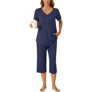 image:imageBestbee Womens Pajama Sets 2 Piece Lounge Outfits Summer Sleepwear V Neck Short Sleeve Capri Pant With Pockets Ladies PjsNavy Blue