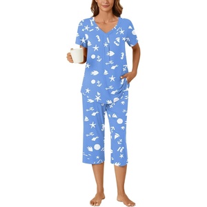 image:imageBestbee Womens Pajama Sets 2 Piece Lounge Outfits Summer Sleepwear V Neck Short Sleeve Capri Pant With Pockets Ladies PjsOcean Patternblue