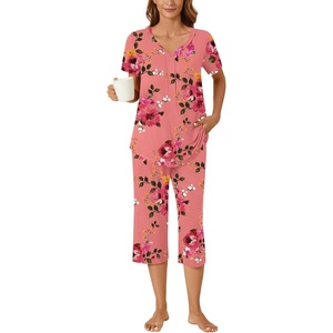 image:imageBestbee Womens Pajama Sets 2 Piece Lounge Outfits Summer Sleepwear V Neck Short Sleeve Capri Pant With Pockets Ladies PjsPeach Pink
