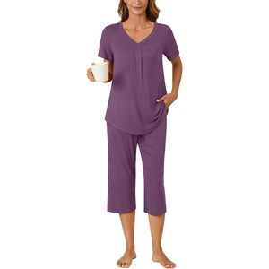image:imageBestbee Womens Pajama Sets 2 Piece Lounge Outfits Summer Sleepwear V Neck Short Sleeve Capri Pant With Pockets Ladies PjsPurple Red