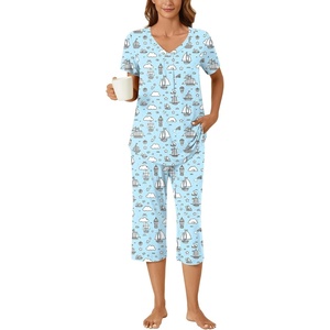 image:imageBestbee Womens Pajama Sets 2 Piece Lounge Outfits Summer Sleepwear V Neck Short Sleeve Capri Pant With Pockets Ladies PjsSailboatblue