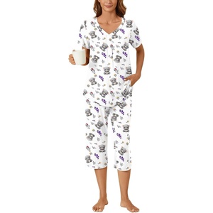 image:imageBestbee Womens Pajama Sets 2 Piece Lounge Outfits Summer Sleepwear V Neck Short Sleeve Capri Pant With Pockets Ladies PjsSmall Bearwhite