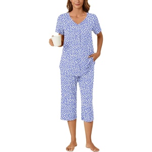 image:imageBestbee Womens Pajama Sets 2 Piece Lounge Outfits Summer Sleepwear V Neck Short Sleeve Capri Pant With Pockets Ladies PjsSpotted Blue