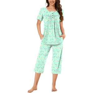 image:imageBestbee Womens Pajama Sets 2 Piece Summer Sleepwear Ladies Pjs Henley Neck Short Sleeve Capri Pant With PocketsColorful Butterflygreen