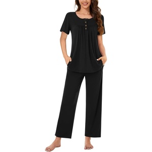 image:imageBestbee Womens Pajama Sets 2 Piece Summer Sleepwear Lounge Outfits Short Sleeve Long Pants With Pockets Ladies PjsShort Black