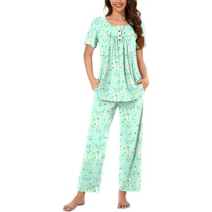 image:imageBestbee Womens Pajama Sets 2 Piece Summer Sleepwear Lounge Outfits Short Sleeve Long Pants With Pockets Ladies PjsShort Colorful Butterflygreen
