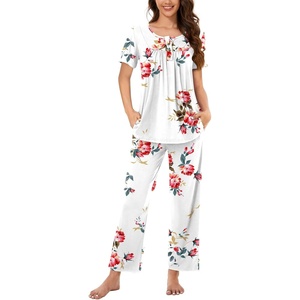 image:imageBestbee Womens Pajama Sets 2 Piece Summer Sleepwear Lounge Outfits Short Sleeve Long Pants With Pockets Ladies PjsShort Floral White