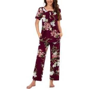 image:imageBestbee Womens Pajama Sets 2 Piece Summer Sleepwear Lounge Outfits Short Sleeve Long Pants With Pockets Ladies PjsShort Floral Wine
