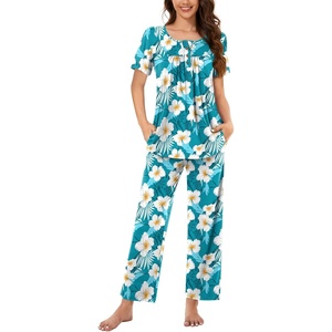 image:imageBestbee Womens Pajama Sets 2 Piece Summer Sleepwear Lounge Outfits Short Sleeve Long Pants With Pockets Ladies PjsShort Freesia Blue