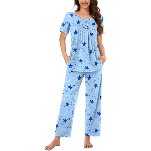 image:imageBestbee Womens Pajama Sets 2 Piece Summer Sleepwear Lounge Outfits Short Sleeve Long Pants With Pockets Ladies PjsShort Moon Planetblue