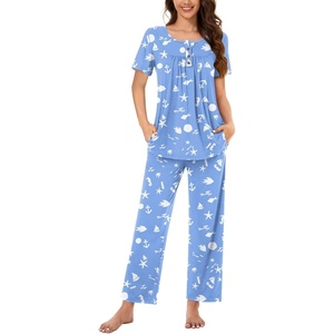 image:imageBestbee Womens Pajama Sets 2 Piece Summer Sleepwear Lounge Outfits Short Sleeve Long Pants With Pockets Ladies PjsShort Ocean Patternblue