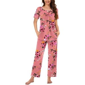 image:imageBestbee Womens Pajama Sets 2 Piece Summer Sleepwear Lounge Outfits Short Sleeve Long Pants With Pockets Ladies PjsShort Peach Pink