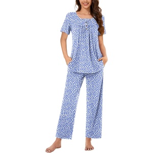image:imageBestbee Womens Pajama Sets 2 Piece Summer Sleepwear Lounge Outfits Short Sleeve Long Pants With Pockets Ladies PjsShort Spotted Blue