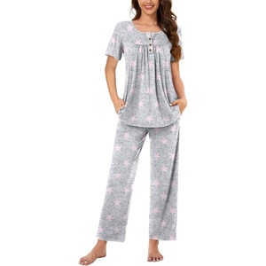 image:imageBestbee Womens Pajama Sets 2 Piece Summer Sleepwear Lounge Outfits Short Sleeve Long Pants With Pockets Ladies PjsShort Star Grey