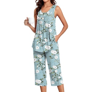 image:imageBestbee Womens Sleeveless Pajama Sets 2 Piece Sleepwear Summer Lounge Outfits Henley Tanks Capri Pants Ladies PjsBegonia Grayish Blue