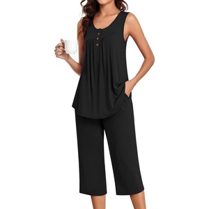 image:imageBestbee Womens Sleeveless Pajama Sets 2 Piece Sleepwear Summer Lounge Outfits Henley Tanks Capri Pants Ladies PjsBlack