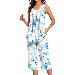image:imageBestbee Womens Sleeveless Pajama Sets 2 Piece Sleepwear Summer Lounge Outfits Henley Tanks Capri Pants Ladies PjsFloral Aqua Bluebeige