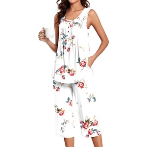 image:imageBestbee Womens Sleeveless Pajama Sets 2 Piece Sleepwear Summer Lounge Outfits Henley Tanks Capri Pants Ladies PjsFloral White
