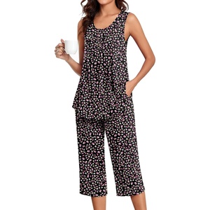 image:imageBestbee Womens Sleeveless Pajama Sets 2 Piece Sleepwear Summer Lounge Outfits Henley Tanks Capri Pants Ladies PjsLittle Flower Black