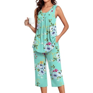 image:imageBestbee Womens Sleeveless Pajama Sets 2 Piece Sleepwear Summer Lounge Outfits Henley Tanks Capri Pants Ladies PjsMint Green