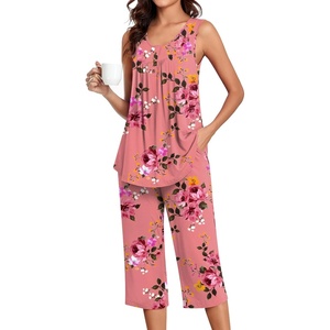 image:imageBestbee Womens Sleeveless Pajama Sets 2 Piece Sleepwear Summer Lounge Outfits Henley Tanks Capri Pants Ladies PjsPeach Pink