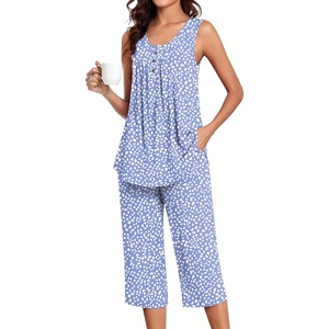image:imageBestbee Womens Sleeveless Pajama Sets 2 Piece Sleepwear Summer Lounge Outfits Henley Tanks Capri Pants Ladies PjsSpotted Blue