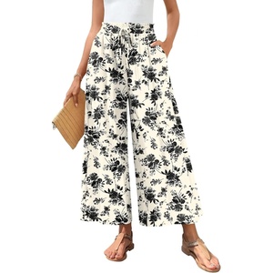 image:imageBestbee Womens Wide Leg Palazzo Pants Dressy Casual Gaucho Cropped Pants Elastic Waist with PocketsBlack Floral Beige