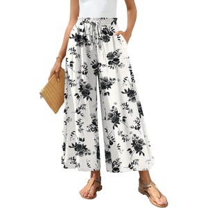 image:imageBestbee Womens Wide Leg Palazzo Pants Dressy Casual Gaucho Cropped Pants Elastic Waist with PocketsBlack Floralwhite