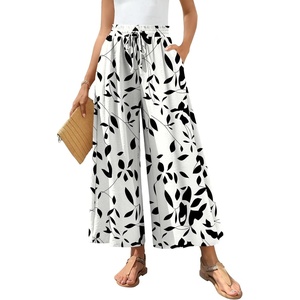 image:imageBestbee Womens Wide Leg Palazzo Pants Dressy Casual Gaucho Cropped Pants Elastic Waist with PocketsBlack Leafwhite