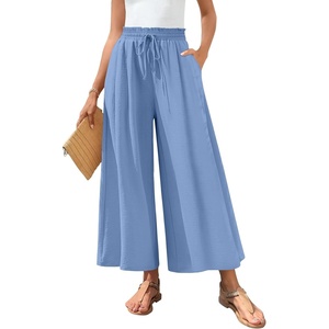 image:imageBestbee Womens Wide Leg Palazzo Pants Dressy Casual Gaucho Cropped Pants Elastic Waist with PocketsBlue