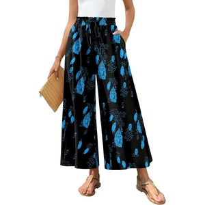 image:imageBestbee Womens Wide Leg Palazzo Pants Dressy Casual Gaucho Cropped Pants Elastic Waist with PocketsBlue Floralblack