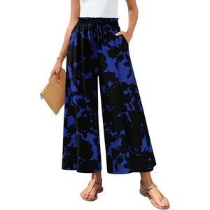 image:imageBestbee Womens Wide Leg Palazzo Pants Dressy Casual Gaucho Cropped Pants Elastic Waist with PocketsBlue Flower